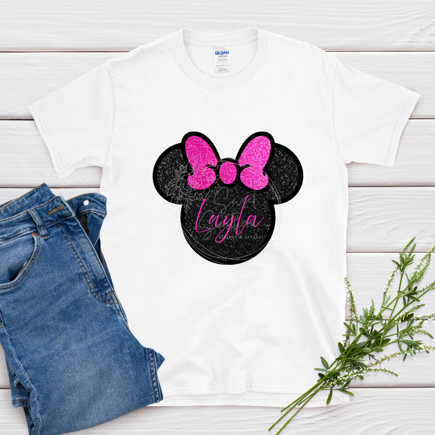 minnie mouse glitter personalized t-shirt
