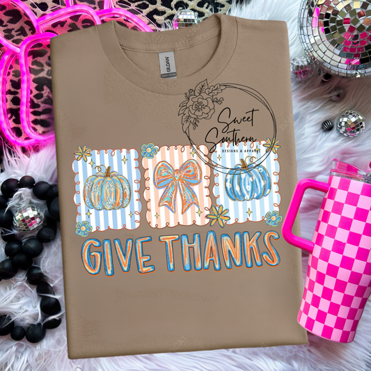 pumpkin and bow give thanks shirt