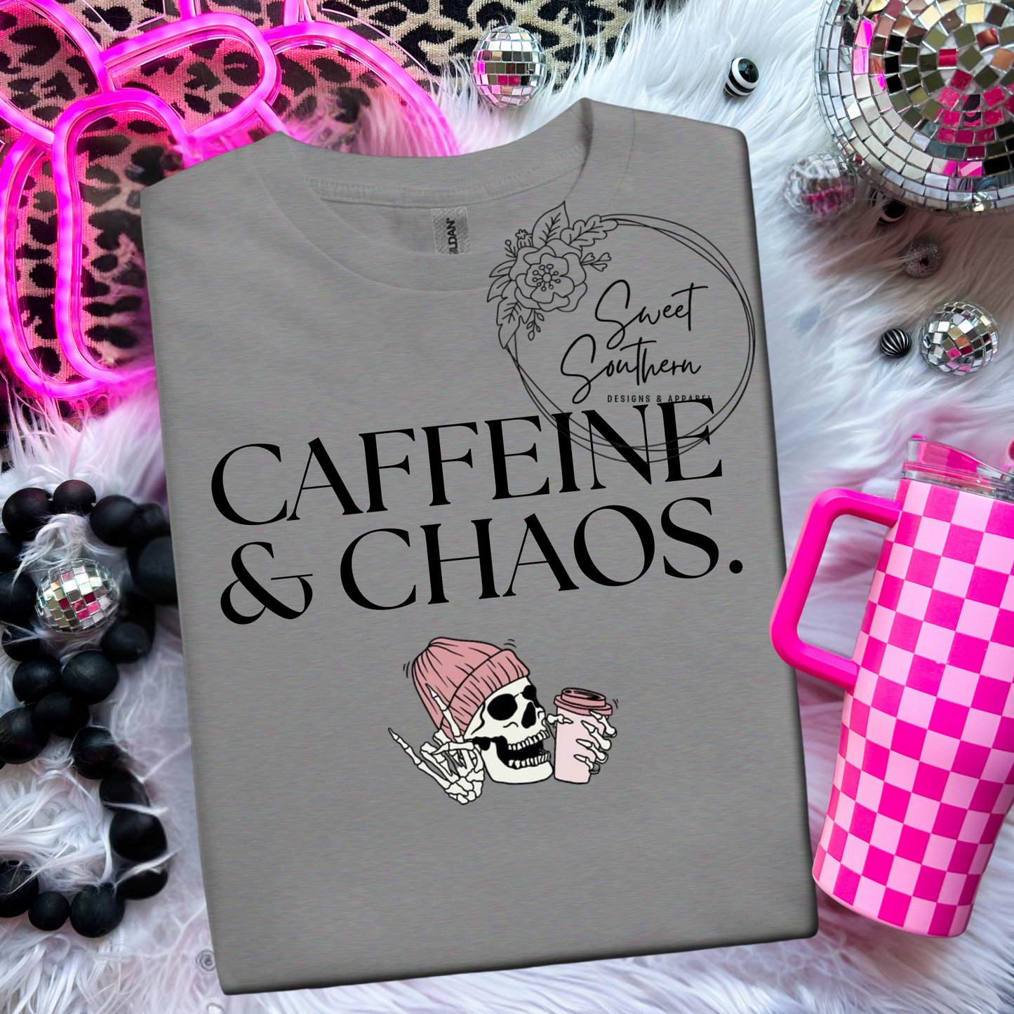 caffeine and chaos t-shirt