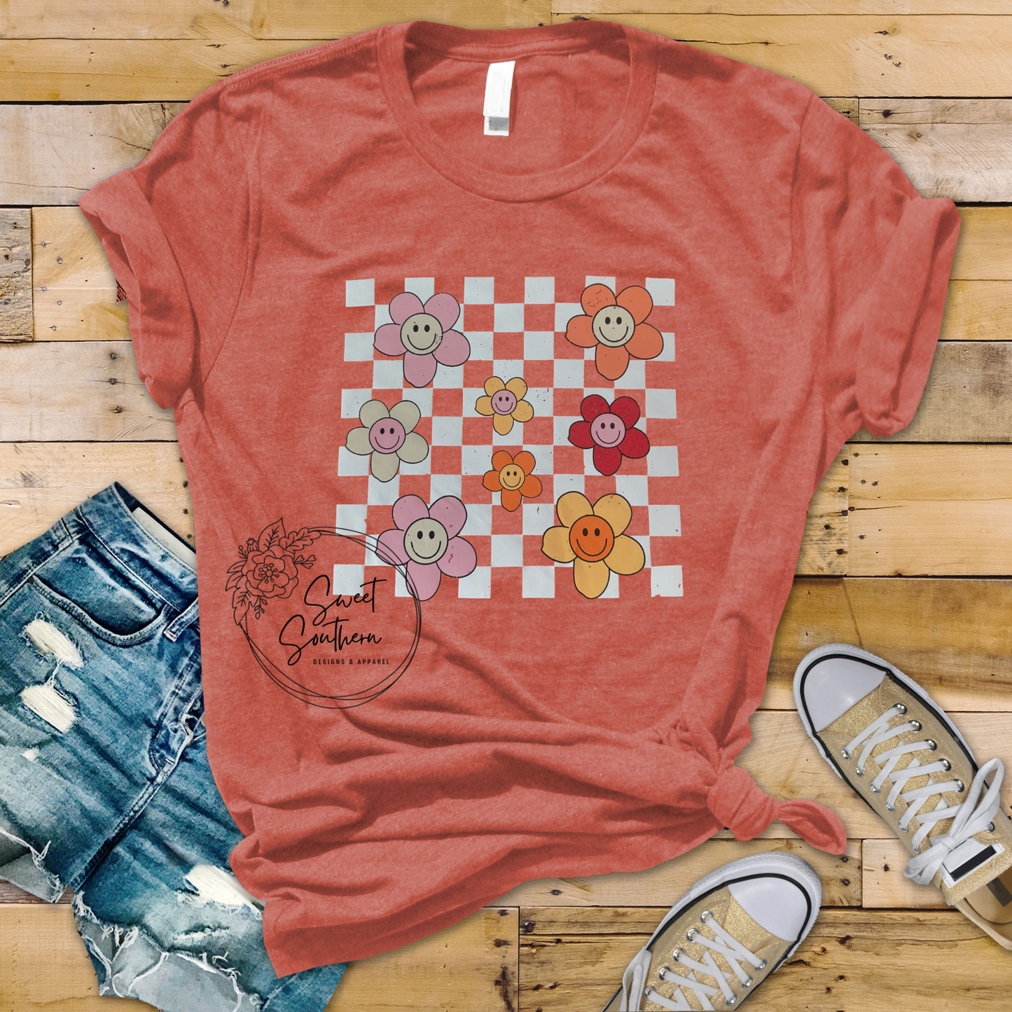 checkered flower smileys t-shirt