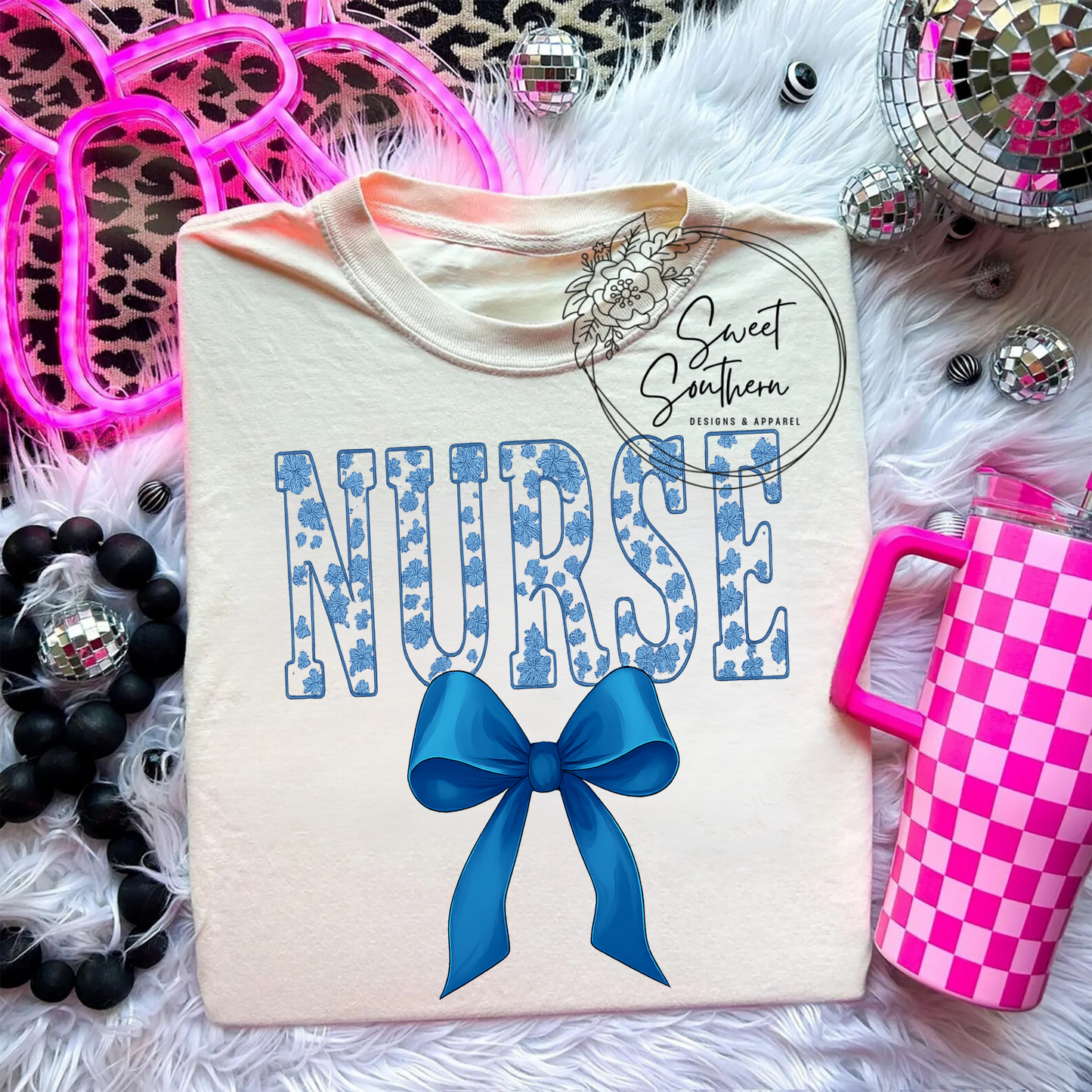nurse blue floral t-shirt