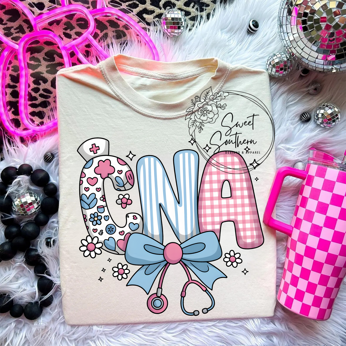 CNA bow stethoscope t-shirt