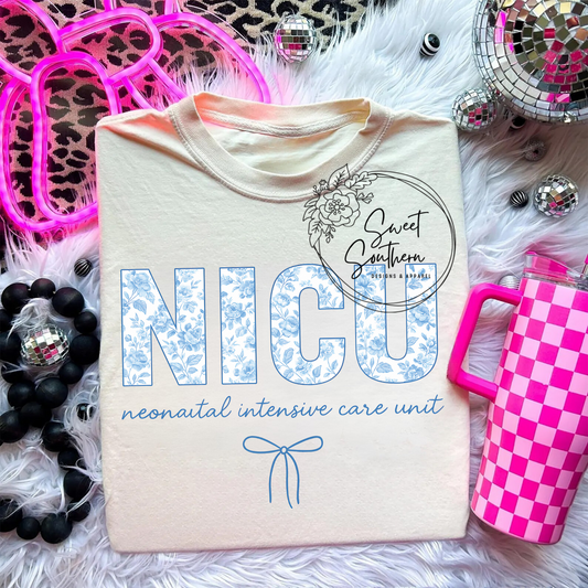 NICU blue floral t-shirt