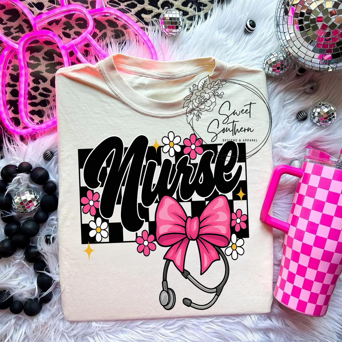 nurse checkered bow t-shirt
