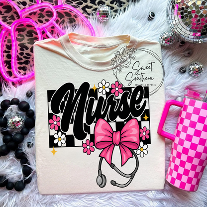 nurse checkered bow t-shirt