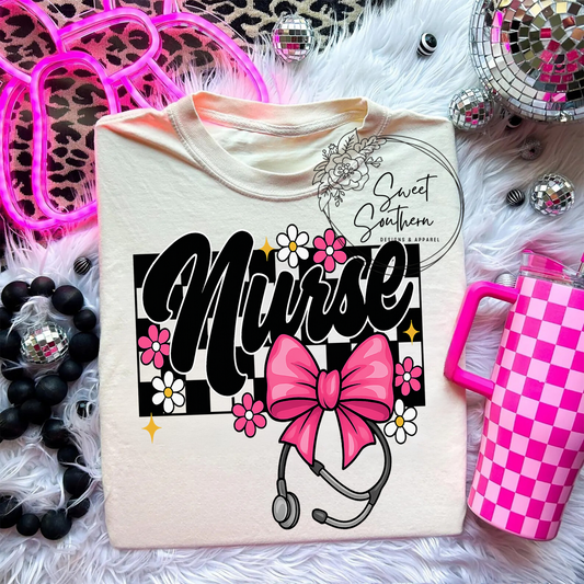 nurse checkered bow t-shirt
